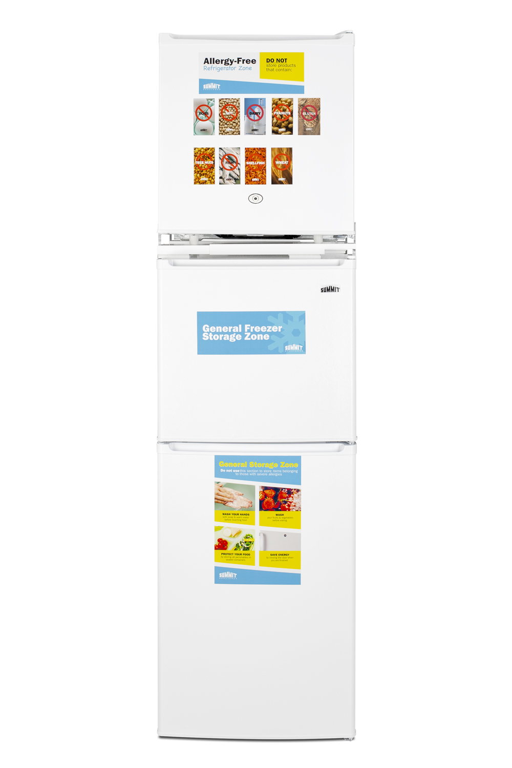 Stacked combination of the FFAR23L automatic defrost all-refrigerator with lock and the ENERGY STAR certified FF71ES refrigerator-freezer to create an allergy-sensitive zone and general purpose food and beverage storage